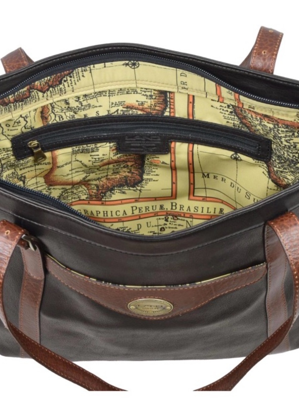 Black/Brown Leather Shoulder Tote with Map Print Interiorz